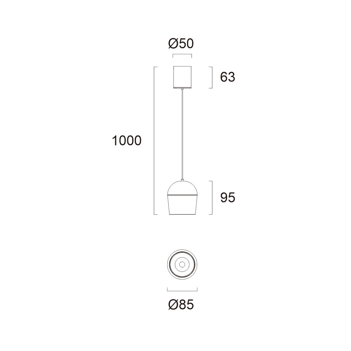 Technical diagram of adjustable pendant lighting with height control and beam angle options.
